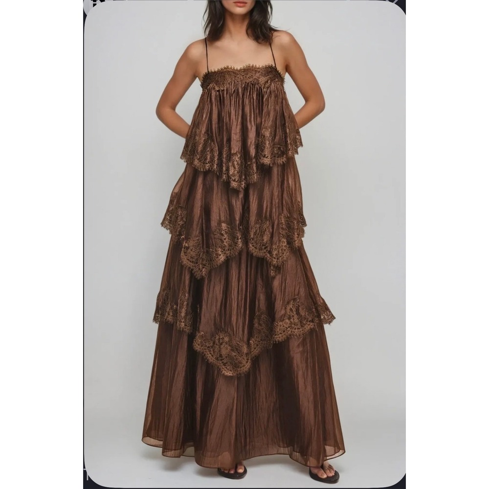 Innovare Denim Drummond Spaghetti Lace Brown Tiered Maxi Dress Size M NWT